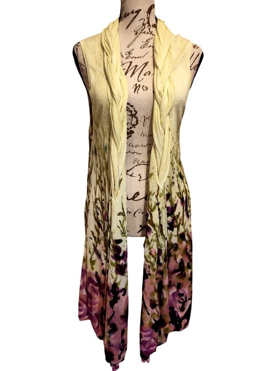 Adore Sweaters - Adore Sleeveless Braided Collar Floral Watercolor Open Cardigan Vest - Size M